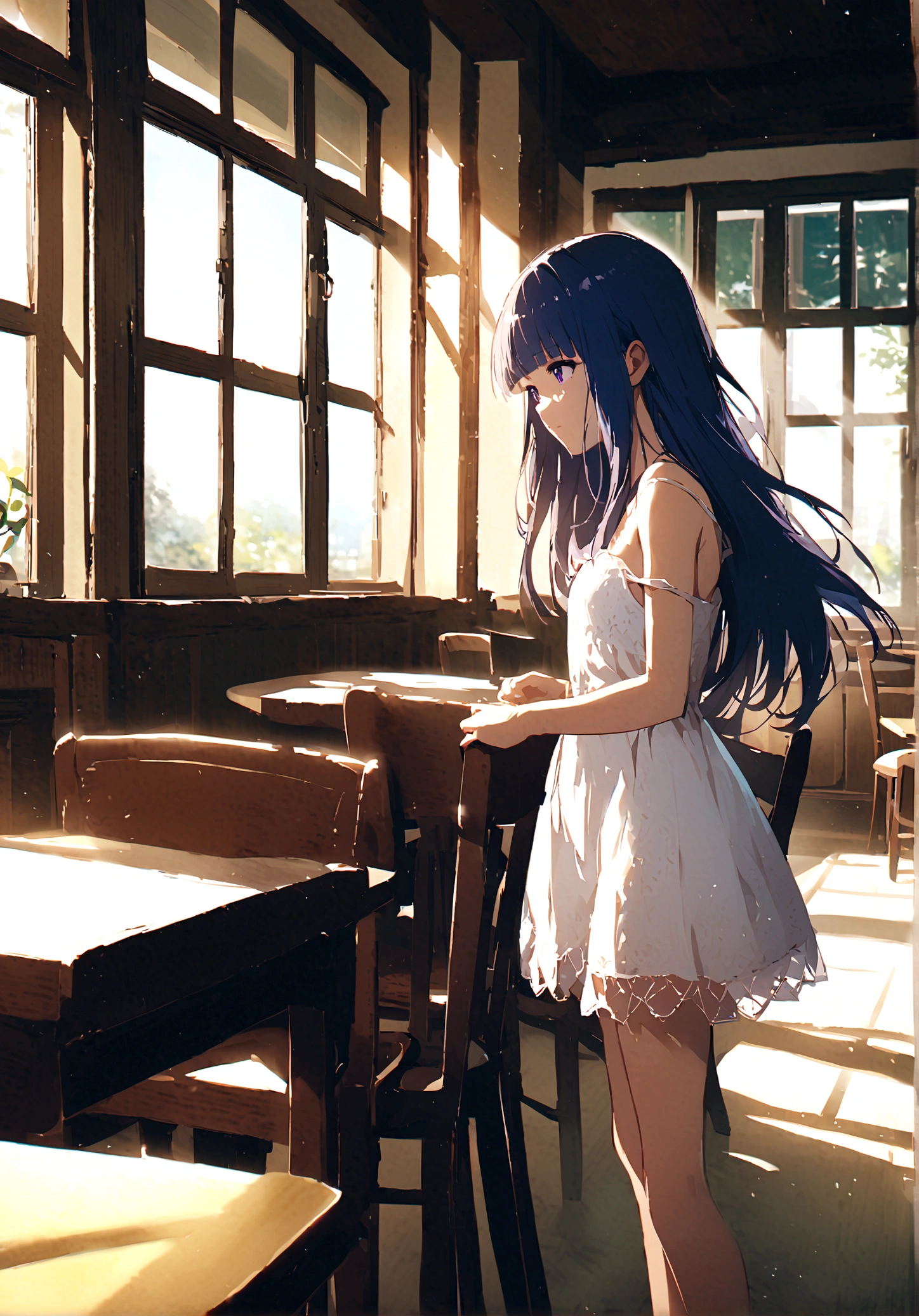 One Girl, alone, Full Autorica, cute, Blue Hair, Purple eyes, Long Hair, blunt bangs, bangs, dress, standing, sleeveless, day, indoors, white dress, window, sleeveless dress, chair, table, sunlight, strap slip, 