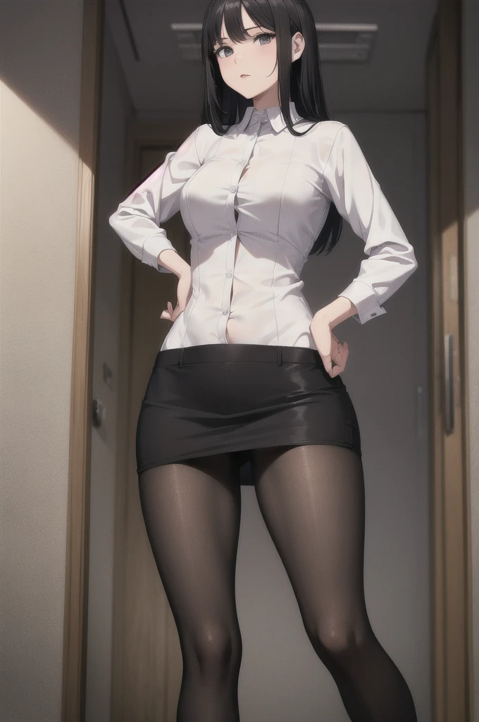Pemk hair , seios grandes, roupa de baixo, em, Decote, umbigo, camisa branca, (braquial), saia, mentira, corpo, Sensual, sittemg , black pantyhose,