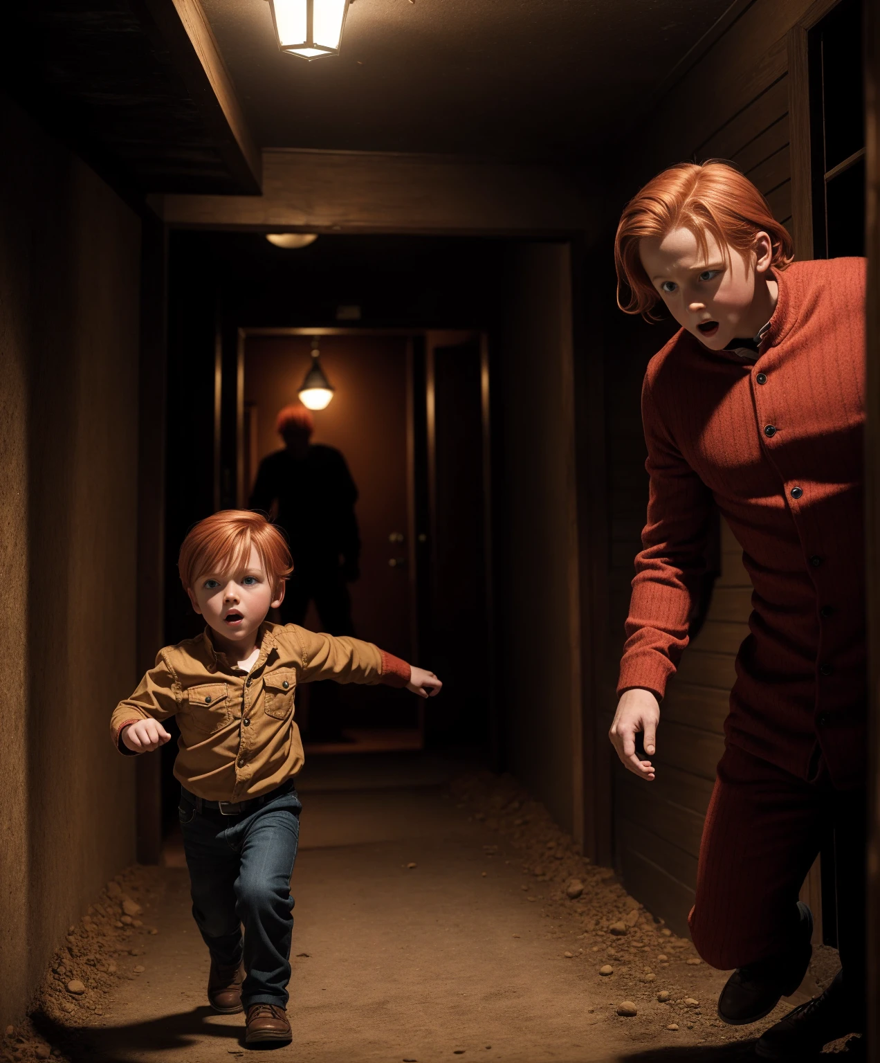 Little Timmy 6 year old redhead blonde boy is running from the boogie man monster in the dark fright kid