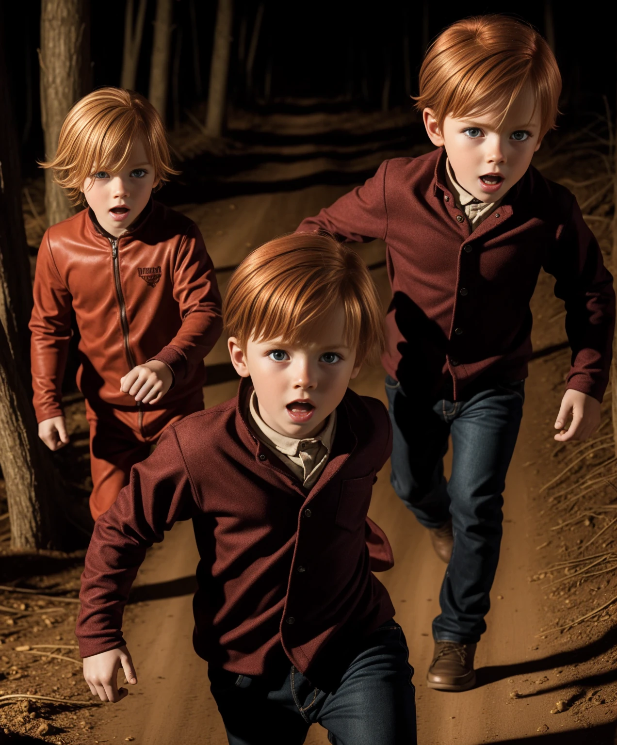 Little Timmy 6 year old redhead blonde boy is running from the boogie man monster in the dark fright kid