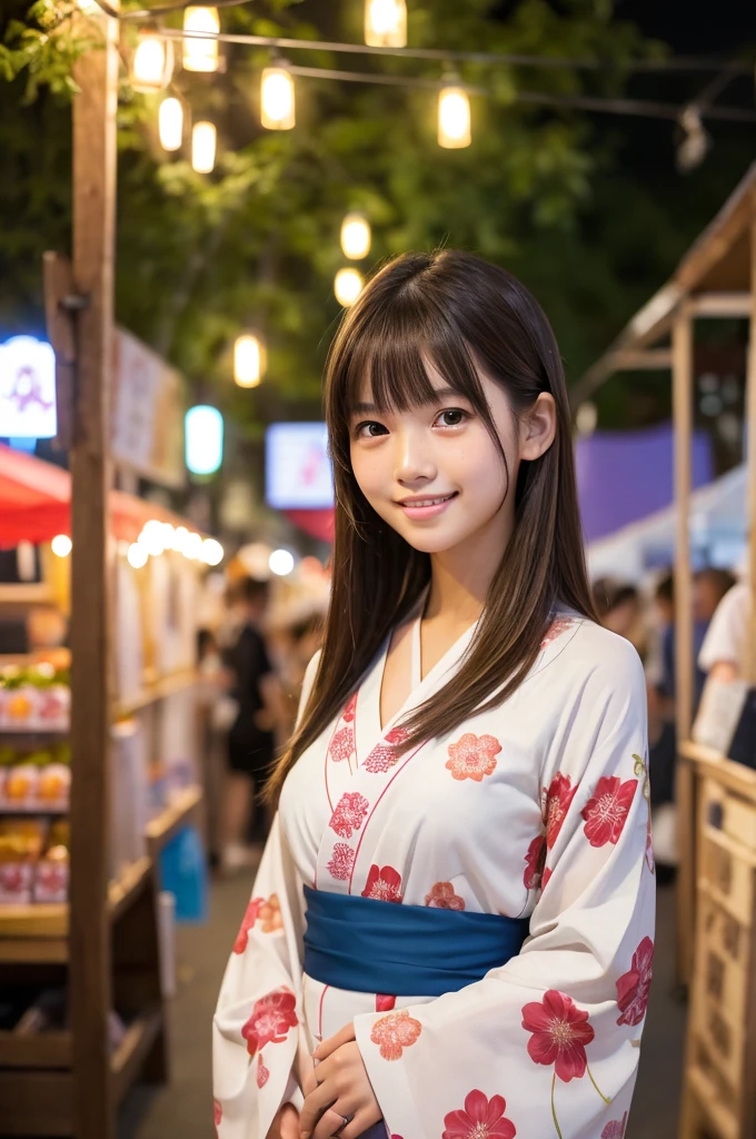 Japanese traditional kimono, flower pattern yukata, summer festival night stall, first year high school student, ((full body)), ((photo)), ((best qualtiy, 8K, tmasterpiece:1.3)), Focus:1.2, perfect figure beautiful girl:1.4, 1girl, cowboy shot, look at viewer, incredibly absurd, beautiful and cute girl with a photorealistic face, showcasing top-quality craftsmanship, A Japanese girl walking around looking at the food stalls at a summer festival on a night, 15 years old, straight hair that reaches about 10cm below the shoulders, light brown hair color, shiny hair, bangs cut straight above the eyes, hair tucked behind the ears, soft round face, large almond-shaped eyes, light brown eye color, long eyelashes, thin and neat eyebrows, small nose with a straight bridge, cherry-colored lips, bright smile, white teeth, smooth skin, fair skin, light pigmentation, freckles, average height, supple body, well-balanced proportions, small A-cup breasts, beautiful girl, neat, moe, cheerful, curious, friendly, polite, responsible, likes festivals and events, August