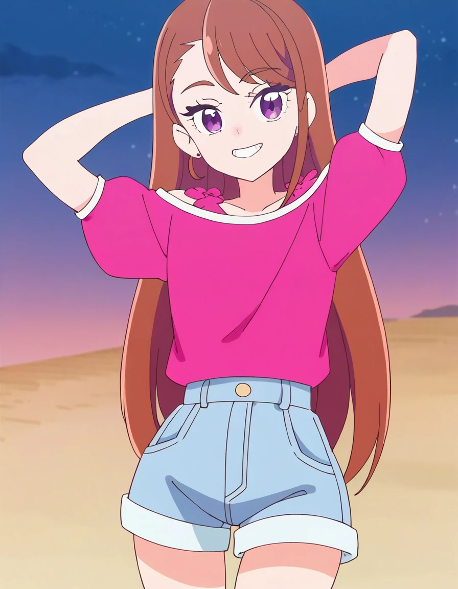 hijiri ageha, brown hair, long hair, purple eyes,
pink shirt, off-shoulder shirt, puffy short sleeves, denim shorts, high quality, solo, 1girl, night sky, beach, arms behind head, (contrapposto), closed mouth, spread armpits, (cowboy shot:1.5), looking at viewer, smile, best quality, grin,