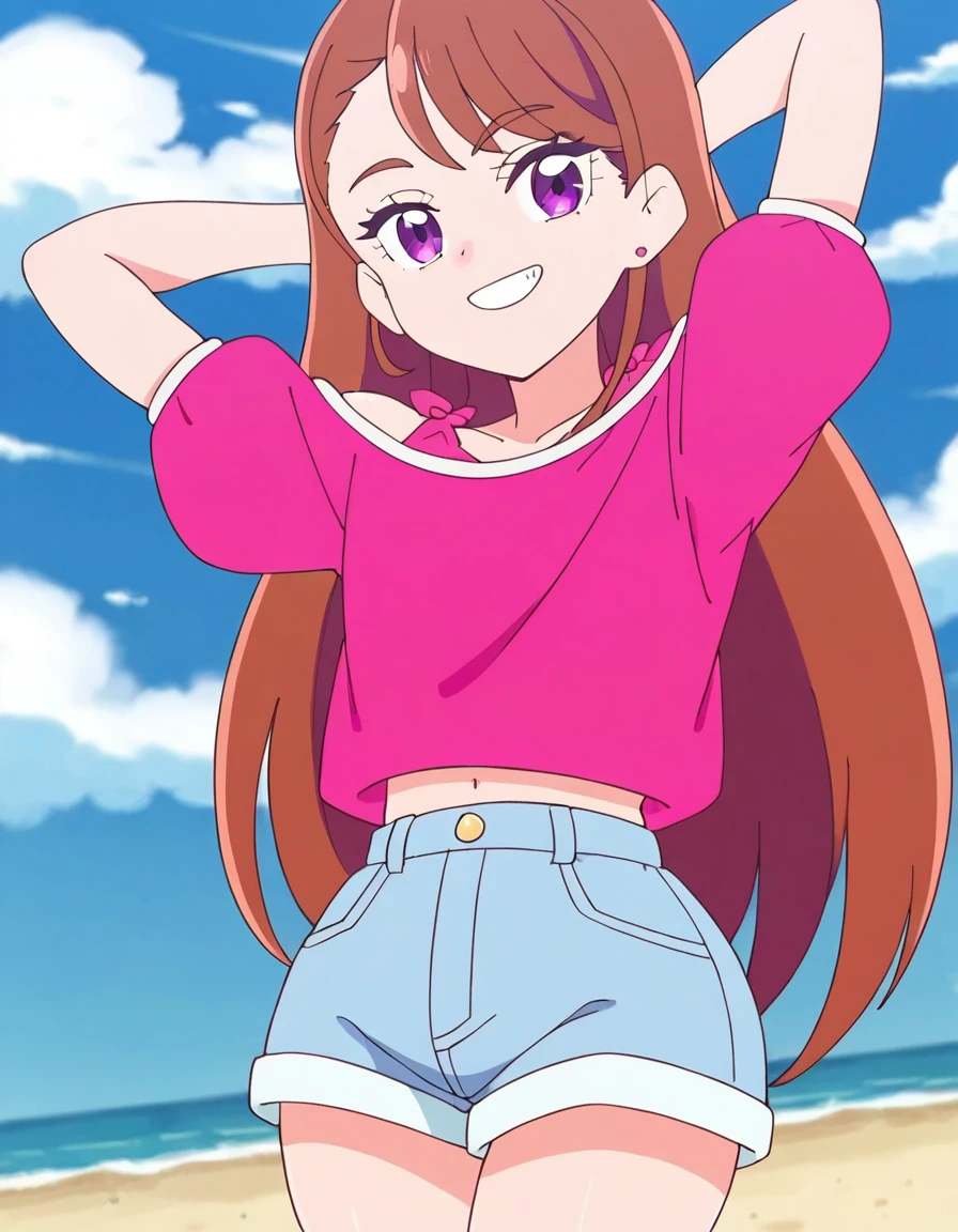 hijiri ageha, brown hair, long hair, purple eyes,
pink shirt, off-shoulder shirt, puffy short sleeves, denim shorts, high quality, solo, 1girl, night sky, beach, arms behind head, (contrapposto), closed mouth, spread armpits, (cowboy shot:1.5), looking at viewer, smile, best quality, grin,