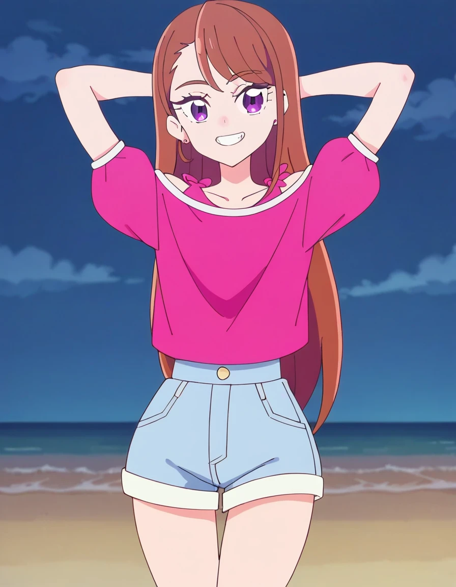 hijiri ageha, brown hair, long hair, purple eyes,
pink shirt, off-shoulder shirt, puffy short sleeves, denim shorts, high quality, solo, 1girl, night sky, beach, arms behind head, (contrapposto), closed mouth, spread armpits, (cowboy shot:1.5), looking at viewer, smile, best quality, grin,