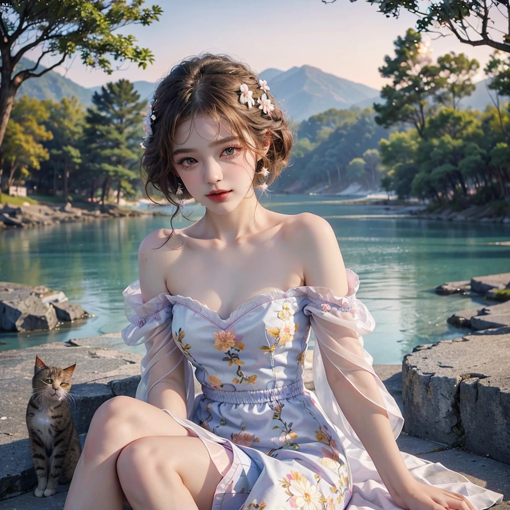 Masterpiece, Best quality, high resolution, realistic , hyperrealism , lifelike photography ,2024s, , alluring beautiful full body shot, (curly blondish brunette long hair, blue beautiful eyes), white skin with freckles,((( beautiful short cut naughty dress with flower embroidery and details ))), beautiful golden necklaces & bracelets, elegant bearing, beautiful landscape background of a rose & lilac & orchid garden, high budget , beautiful mesmerizing face and small nose, long and curly sparkling hair , holding a beautiful orange stray cat , clivage , sunset , pink clouds , yellowish red rays at the horizon, elegant posing, beautiful legs, fit body, gorgeous Russian woman standing and naughty posing at the lagoon shores, back shot, side shot , front shot, blue lagoon , full body shot at the frame , naughty smile , deep cut chest style dress,(( very short skirt)) ,windy summer breeze , reasonable naked body parts, reasonable nudity ,((((cute cats sitting around her)))), naughty girl , very cute smile, bra and underwear is seen , lingerie , 20 years old Russian girl