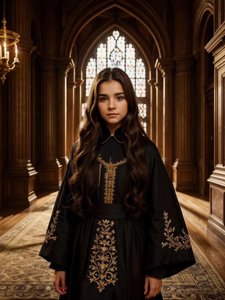 A beautiful young girl with long wavy brown hair, wearing a black Hogwarts , standing in a grand castle hallway with moving magical portraits on the walls, detailed facial features, intricate embroidery on the uniform, warm lighting, highly detailed, photorealistic, 8K, masterpiece