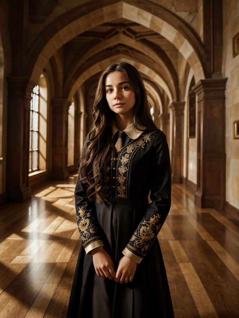 A beautiful young girl with long wavy brown hair, wearing a black Hogwarts , standing in a grand castle hallway with moving magical portraits on the walls, detailed facial features, intricate embroidery on the uniform, warm lighting, highly detailed, photorealistic, 8K, masterpiece