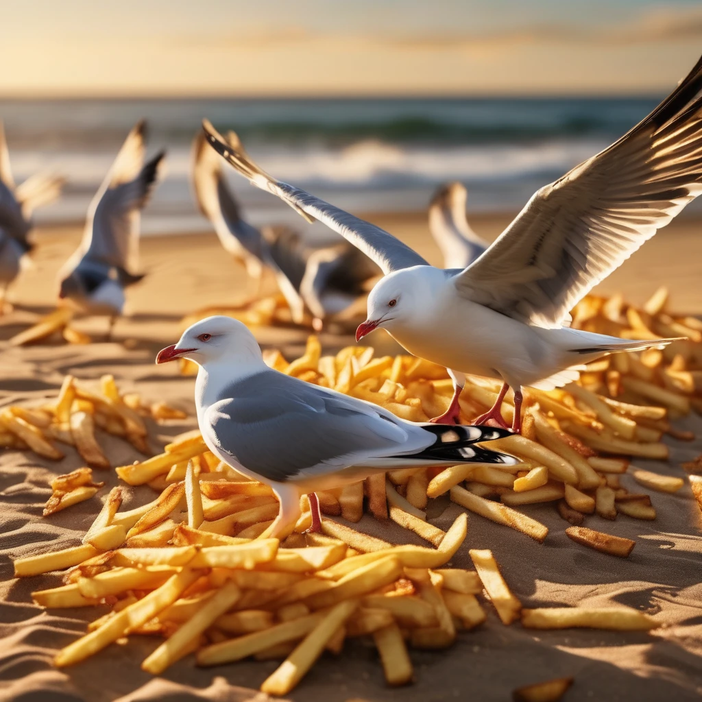 ((Masterpiece)), ((Best Quality)), (Very Detailed), ((Very Detailed)), 4K, (8K), very aesthetic, absurdres highres, A flock of seagulls lands on a sandy beach at golden hour, with a pile of french fries in the center, and the seagulls flap their wings and fall to the ground to peck at the french fries, a detailed and concrete depiction. The outside of the fries has a crunchy texture and shines golden,