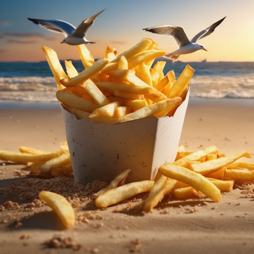 ((Masterpiece)), ((Best Quality)), (Very Detailed), ((Very Detailed)), 4K, (8K), very aesthetic, absurdres highres, A flock of seagulls lands on a sandy beach at golden hour, with a pile of french fries in the center, and the seagulls flap their wings and fall to the ground to peck at the french fries, a detailed and concrete depiction. The outside of the fries has a crunchy texture and shines golden,