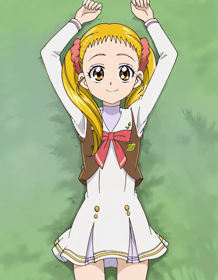 Kasugano Urara, blonde hair, twintails, pink scrunchie, brown eyes, high quality, solo, lying, on back, arms up, spread arms, closed mouth, on grass, (cowboy shot:1.5), looking at viewer, smile, best quality,