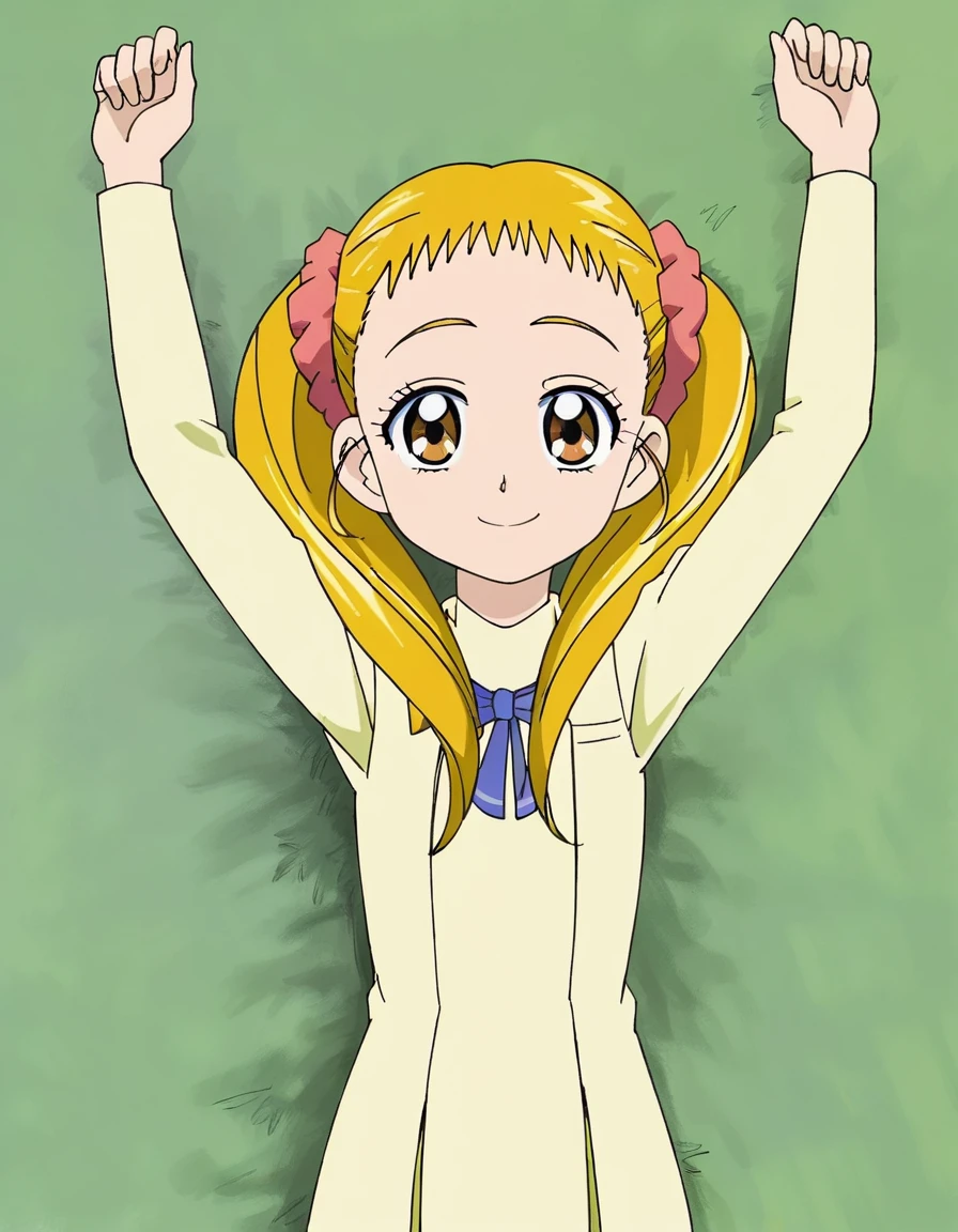Kasugano Urara, blonde hair, twintails, pink scrunchie, brown eyes, high quality, solo, lying, on back, arms up, spread arms, closed mouth, on grass, (cowboy shot:1.5), looking at viewer, smile, best quality,