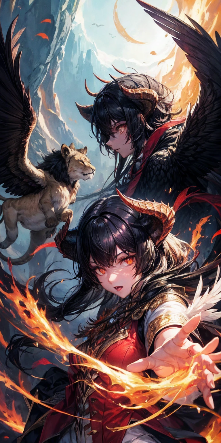 a lion, black hair, Red eyes, wings, very monstrous