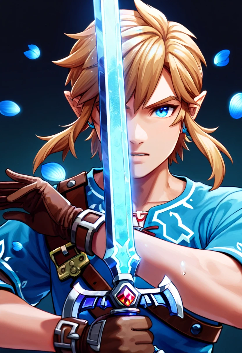 Ultra detailed, highres, absurdres, HDR, master piece, Link, blond hair, expressive blue eyes, blue shirt, The Legend Of Zelda (Breath Of The Wild), fantasy, blue petals, blue flowers, handsome, sexy man holding a sword, solo, magical, shining blue fireflies, best quality, extremely detailed face and eyes, water, holding a sword (master sword), man, brown gloves,