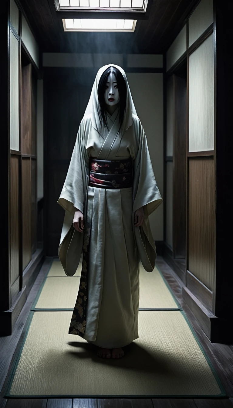 "Create a hyper-realistic image of a terrifying ghost that looks like it could exist in real life. The ghost should be a fearsome demon dressed in a traditional Japanese kimono. The entire figure, from head to toe, should be visible in the image. The ghost should be posing in an unnaturally twisted posture, adding to the eerie atmosphere. The background should be a typical setting from horror movies, such as an old, abandoned house or a dark, narrow corridor. The style should resemble the aesthetic of the Japanese horror film 'Ju-on: The Grudge.' The image should have a photorealistic quality, making it look like a still from a live-action horror film."