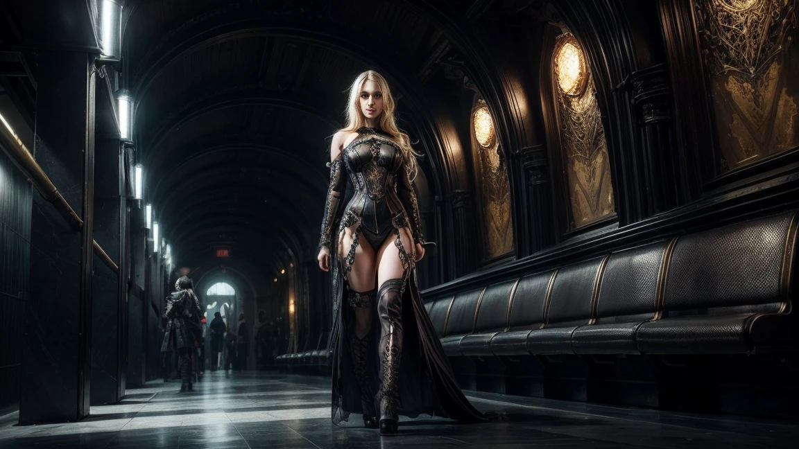 Create the fullbody cyborg image of a portlate, cosplay, Blonde Hair, steampunk, cyberpunk, noble and elegant girl, Beautiful alluring colorless eyes, A Cyborg Female with a refined and elegant appearance, she has a lot of time, Loose hair and angular features, her skin should be pale and flawless, With a touch of potus transcendental beauty, her eyes should be deep and seductive, With a predatory glow, An allusion to their insatiable bloodlust, (They have to wear sheer erotic clothes, That are transparent, modern and timeless), Her style refers to the long history of human life, When she wakes up from a deep sleep, she Should Exercise Calm Confidence, Exudes an aura of danger and intrigue, Cinematic, gothic art style, Ultra-realistic realism, Psychedelic surrealist art, Surreal psychedelic design, Dreaming style, psychedelic art, Quality Quantity, skin texture, intricate details, (cinematic graphic lighting), RAW, 8K, Huge dystopic subway Hall Environment