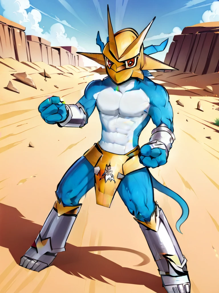 solo,angry Magnamon,tall, blue and white skin,(battle damaged:1.5),(topless Magnamon:2),(armor fragments:1.5),(shirtless:1.5), fighting_stance, in desert ,full_shot
