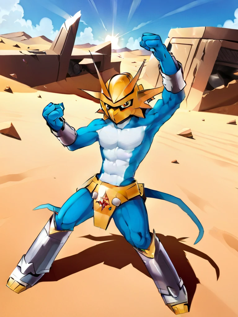solo,angry Magnamon,tall, blue and white skin,(battle damaged:1.5),(topless Magnamon:2),(armor fragments:1.5),(shirtless:1.5), fighting_stance, in desert ,full_shot