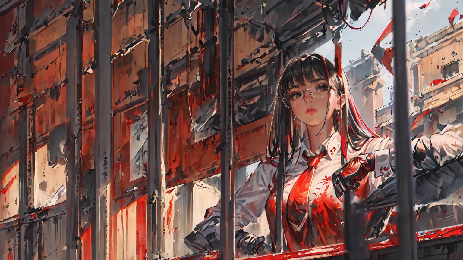 (Masterpiece, Best Quality, Ultra High Resolution)
Fancy woman in a vintage look, with red detailed eyes, in business suit with red tie and white shirt, dark half-rimmed aviator glasses,
The character is half-turned , looking sideways into the distance.
