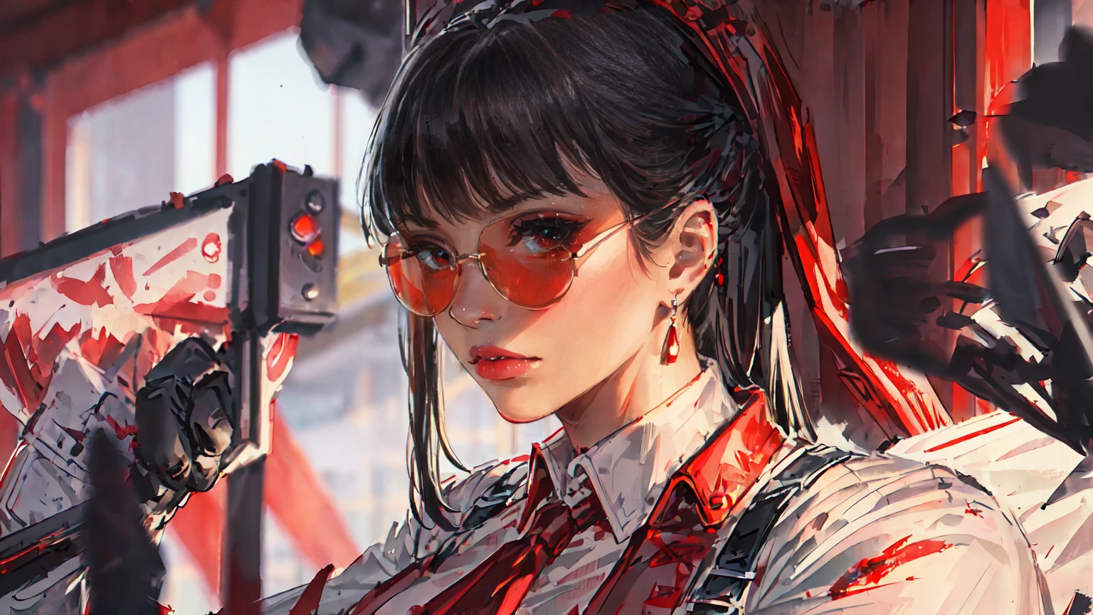(Masterpiece, Best Quality, Ultra High Resolution)
Fancy woman in a vintage look, with red detailed eyes, in business suit with red tie and white shirt, dark half-rimmed aviator glasses,
The character is half-turned , looking sideways into the distance.