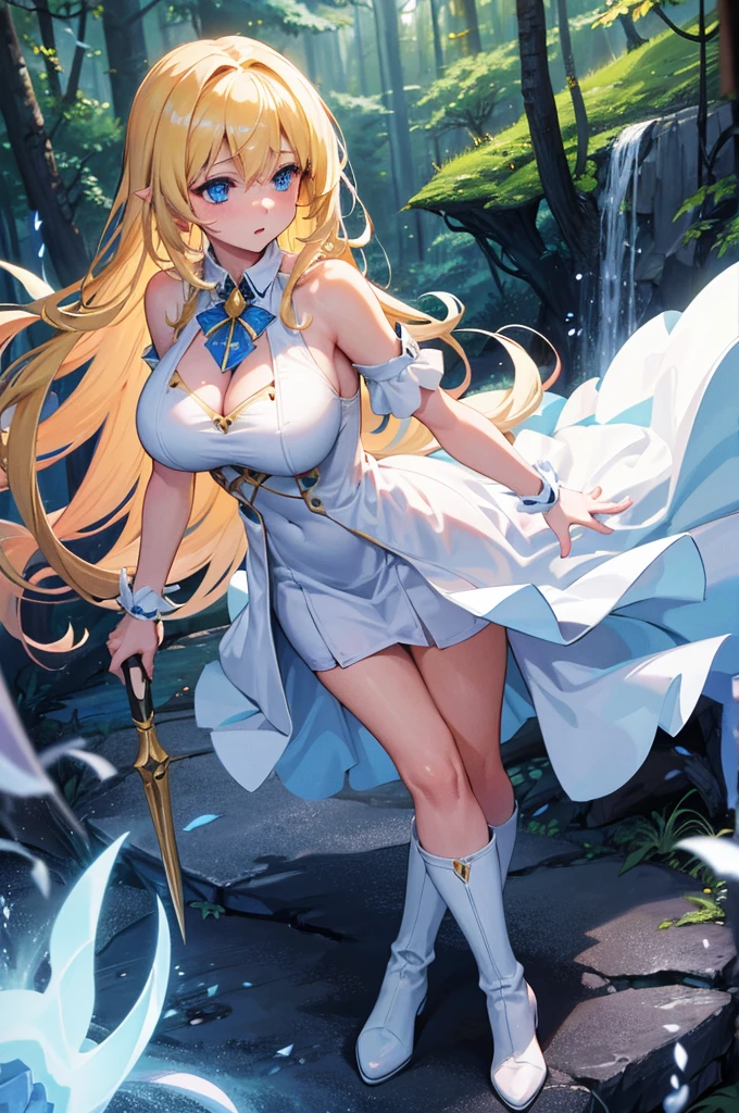 4K,High resolution,One Woman,Fairy,blonde,Long Hair,blue eyes,,Wizard,Revealing white dress,White boots,Magic wand,Town in the Forest