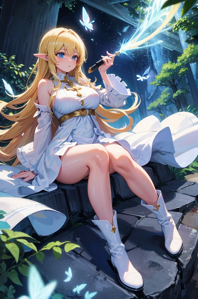 4K,High resolution,One Woman,Fairy,blonde,Long Hair,blue eyes,Big Breasts,Wizard,Revealing white dress,White boots,Magic wand,Town in the Forest