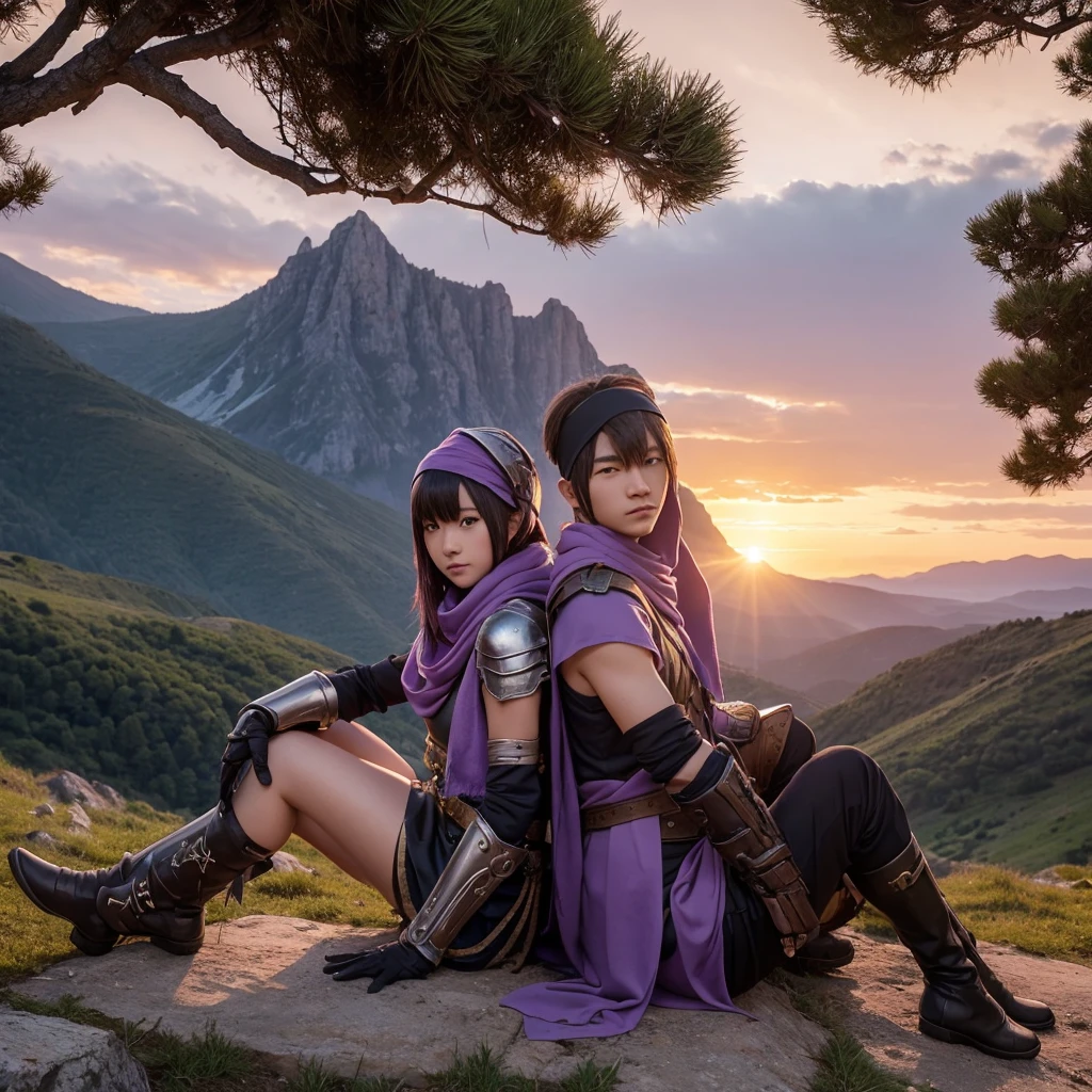 One girl, One boy, (Highest quality, beruka, Gauntlet), armor, Purple scarf, Black gloves, pants, boots, Wear a bandana on your head, Sitting, in front, wood, Mountain, Beautiful landscape in the background, Soft sunset, A subtle reflection on the ground.