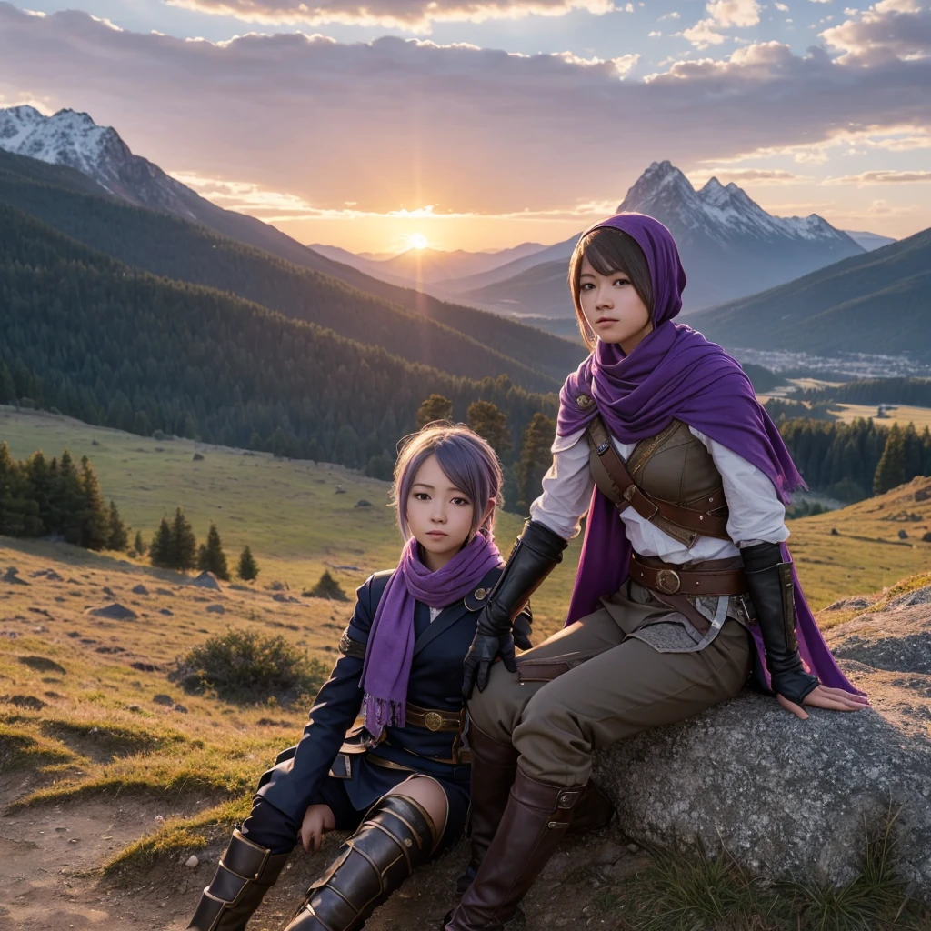 One girl, One boy, (Highest quality, beruka, Gauntlet), armor, Purple scarf, Black gloves, pants, boots, Wear a bandana on your head, Sitting, in front, wood, Mountain, Beautiful landscape in the background, Soft sunset, A subtle reflection on the ground.