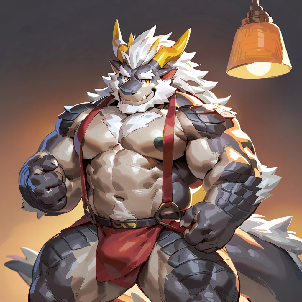 (artist: jacketbear,lindong, null-ghost, dangpa, gamma_g, kulplant),male, sfw, eastern dragon, , bara, big chest, simple bg,lamp lighting, one fluffy tail, old man, fluffy mane, , grey body, white hair, solo, scales, detailed scales, casual outfit, dragon horns, yellow iris, big eyes, white beard, fluffy hair, detailed face:2.0, one tail, masterpiece:2.0, perfect eyes:2.0, good anatomy:2.0, full body:2.0