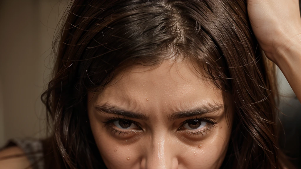 She is looking straight ahead and tears are crying on her face realista