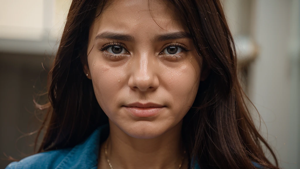 She is looking straight ahead and tears are crying on her face realista