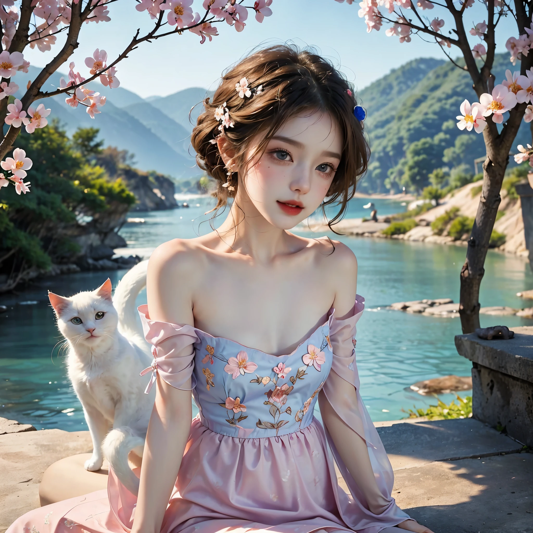 Masterpiece, Best quality, high resolution, realistic , hyperrealism , lifelike photography ,2024s, , alluring beautiful full body shot, (curly blondish brunette long hair, blue beautiful eyes), white skin with freckles,((( beautiful short cut naughty dress with flower embroidery and details ))), beautiful golden necklaces & bracelets, elegant bearing, beautiful landscape background of a rose & lilac & orchid garden, high budget , beautiful mesmerizing face and small nose, long and curly sparkling hair , holding a beautiful orange stray cat , clivage , sunset , pink clouds , yellowish red rays at the horizon, elegant posing, beautiful legs, fit body, gorgeous Russian woman standing and naughty posing at the lagoon shores, back shot, side shot , front shot, blue lagoon , full body shot at the frame , naughty smile , deep cut chest style dress,(( very short skirt)) ,windy summer breeze , reasonable naked body parts, reasonable nudity ,((((cute cats sitting around her)))), naughty girl , very cute smile, bra and underwear is seen , lingerie