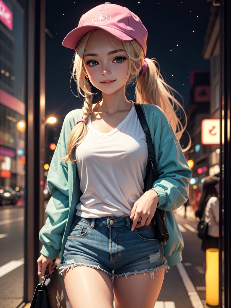 1girl, long blonde hair in a ponytail, green eyes, wearing a simple white shirt with an imprint, a pink and blue rainjacket, dark blue Shorts, slight makeup, smiling softly, black cap, walking through tokyo, absurdres, high res, ultrasharp, 8k, masterpiece, looking at store windows, starry night sky, neon city lights