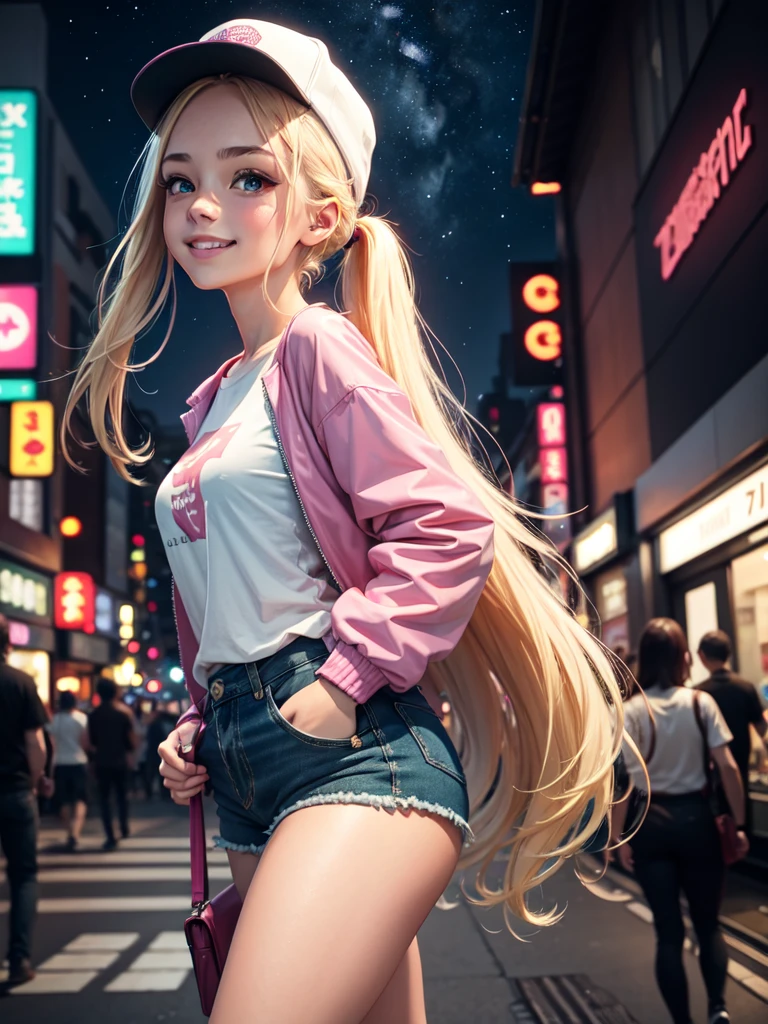 1girl, long blonde hair in a ponytail, green eyes, wearing a simple white shirt with an imprint, a pink and blue rainjacket, dark blue Shorts, slight makeup, smiling softly, black cap, walking through tokyo, absurdres, high res, ultrasharp, 8k, masterpiece, looking at store windows, starry night sky, neon city lights