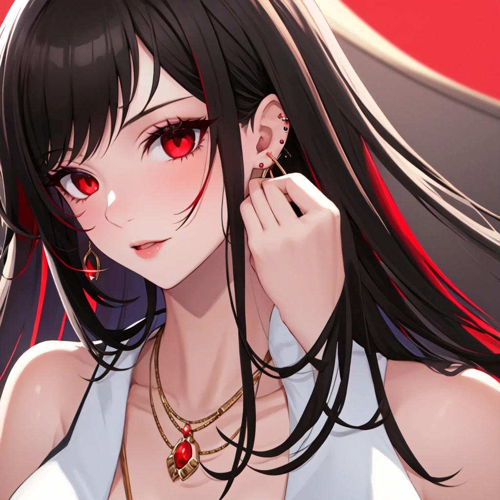 1girl, beautiful face, ((red eyes)), long, black, wavy hair, with red highlights, red eyes, ear piercing, necklace