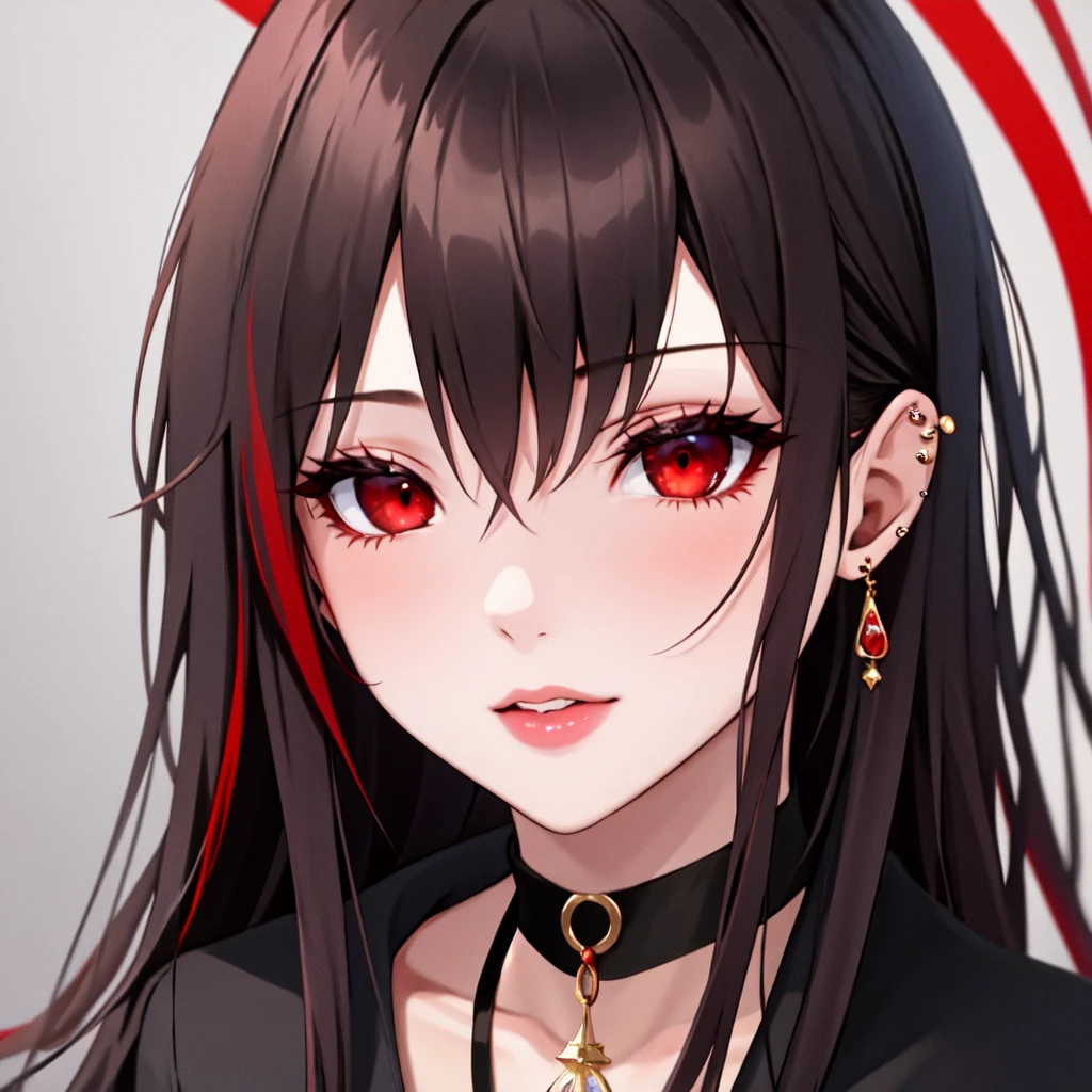 1girl, beautiful face, ((red eyes)), long, black, wavy hair, with red highlights, red eyes, ear piercing, necklace