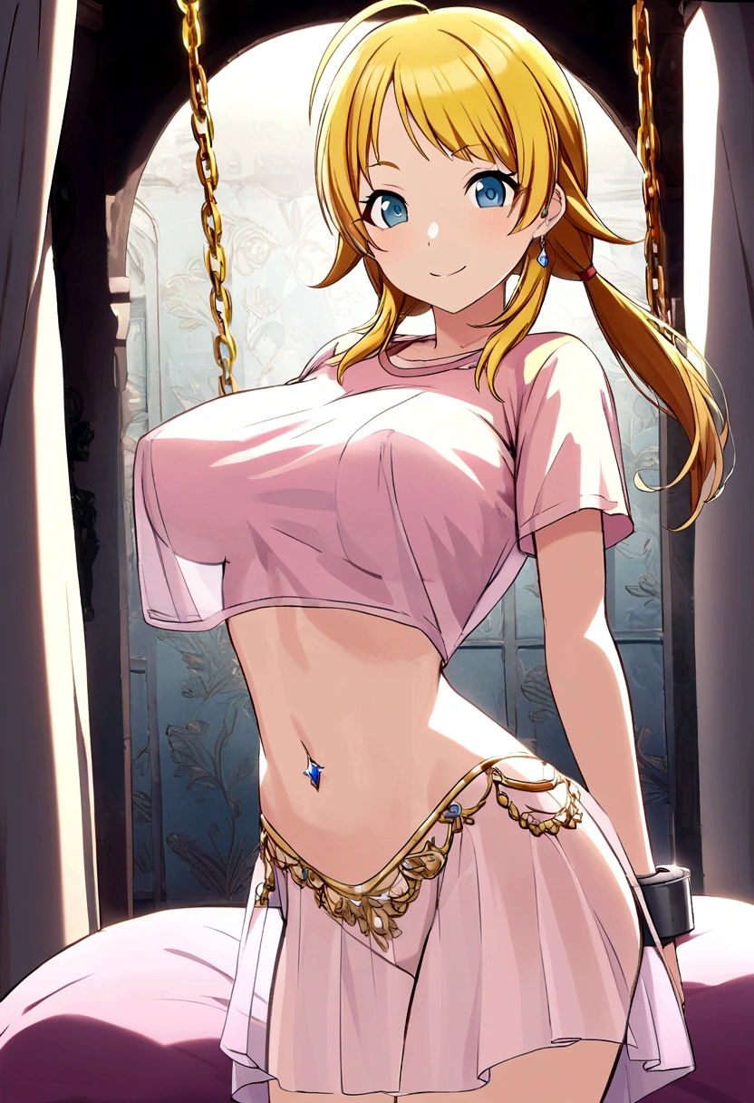 nude Hachimiya Meguru with blue eyes, blonde hair and with very large breasts and a very thin waist in a pink see-through t-shirt, short pink wee-through skirt and twintails standing with a puffed up chest and arched back, smiling while looking at the viewer. She is standing in front of a bed covered in pillows in a palace bedroom. She wears a jewel navel piercing, and long golden chain earrings. Prison shackles is hanging from the wall.