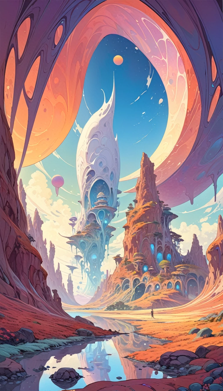 great landscape in other world:1.5 (inspired by art by Moebius). oil painting)