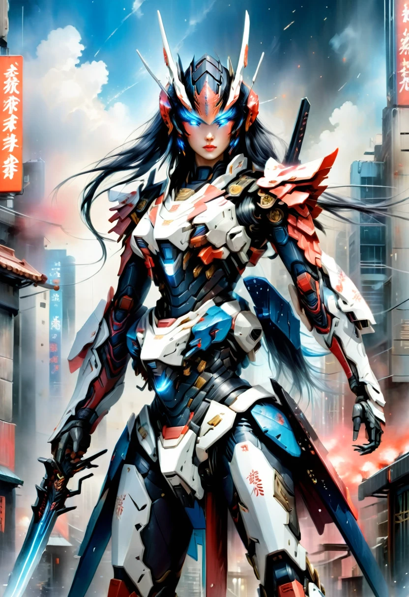 Japanese water color art picture of a mecha samurai woman in cyberpunk city, a mecha samurai woman, exquisite beautiful woman, (fully clothed: 1.3), full body, black hair, long hair, (blue eyes: 1.3), she stands ready to battle, wearing (white mecha armor: 1.3), high heeled boots, she is armed with a Japanese sword, Japanese Cyberpunk city at night, background, (Masterpiece: 1.5), 16k, highres, best quality, high details, ultra detailed, masterpiece, best quality, (extremely detailed), arafed, mecha, 