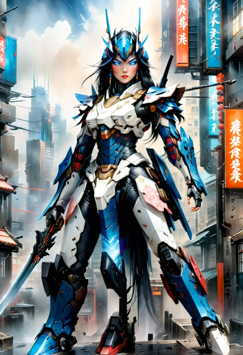 Japanese water color art picture of a mecha samurai woman in cyberpunk city, a mecha samurai woman, exquisite beautiful woman, (fully clothed: 1.3), full body, black hair, long hair, (blue eyes: 1.3), she stands ready to battle, wearing (white mecha armor: 1.3), high heeled boots, she is armed with a Japanese sword, Japanese Cyberpunk city at night, background, (Masterpiece: 1.5), 16k, highres, best quality, high details, ultra detailed, masterpiece, best quality, (extremely detailed), arafed, mecha,