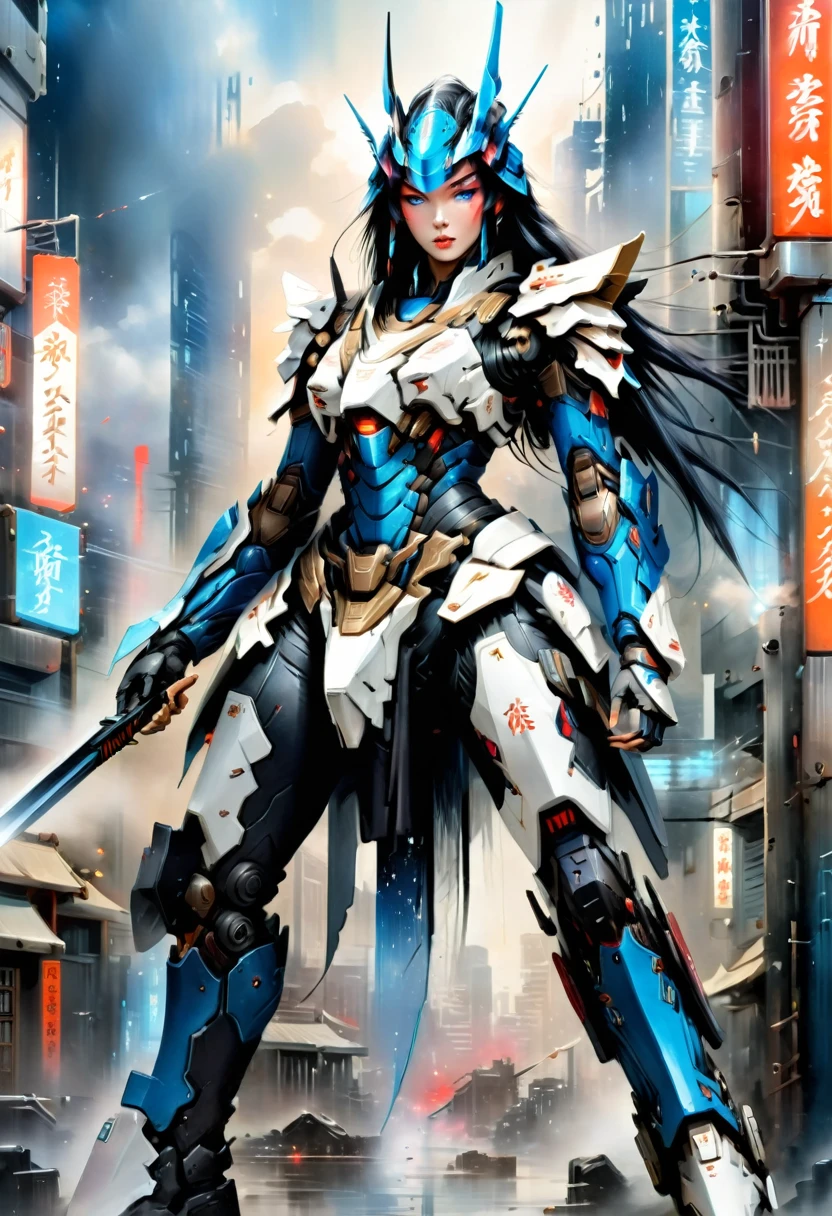 Japanese water color art picture of a mecha samurai woman in cyberpunk city, a mecha samurai woman, exquisite beautiful woman, (fully clothed: 1.3), full body, black hair, long hair, (blue eyes: 1.3), she stands ready to battle, wearing (white mecha armor: 1.3), high heeled boots, she is armed with a Japanese sword, Japanese Cyberpunk city at night, background, (Masterpiece: 1.5), 16k, highres, best quality, high details, ultra detailed, masterpiece, best quality, (extremely detailed), arafed, mecha,