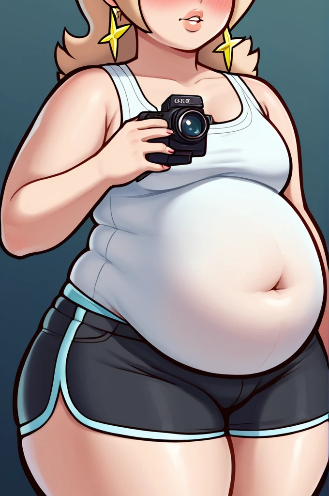 score_9, score_8_up, 2D, flat color, thick outlines, 1girl, solo, rosalina, White tank top, black shorts, ((chubby body)), ((big thighs)), ((big belly)), embarrassed look, looking at camera, close to camera,