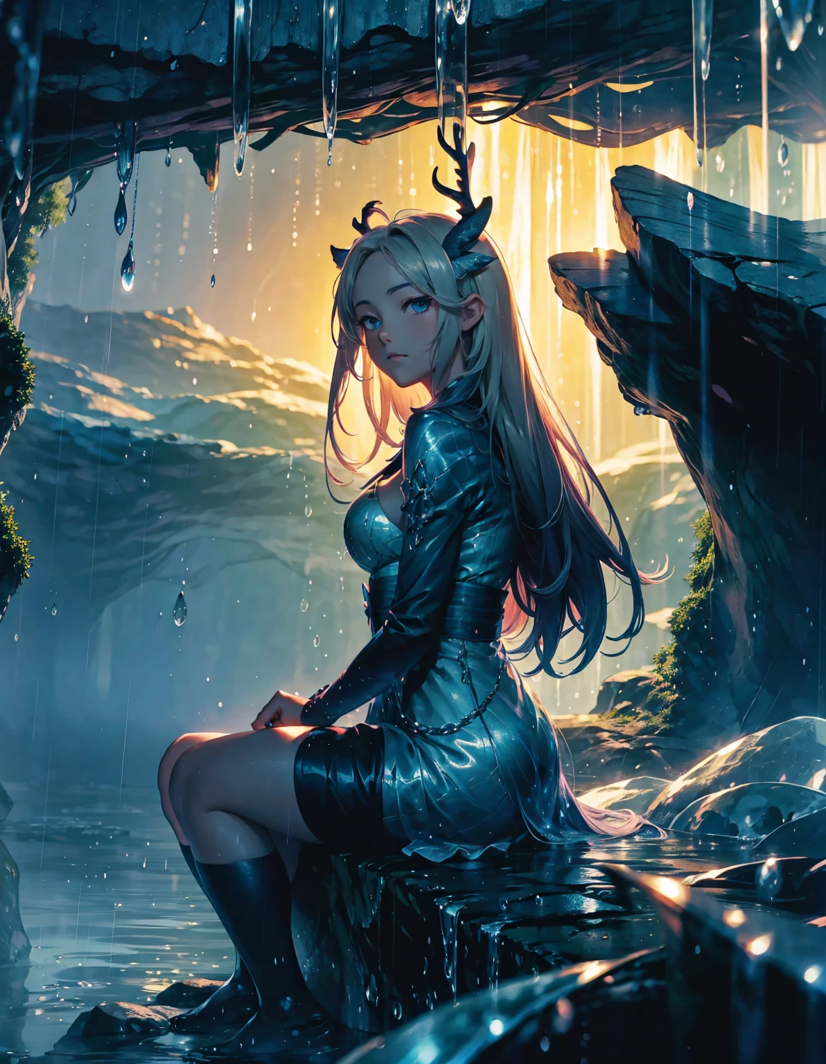 A beautiful anime girl sits on the edge of an ancient tree with large antlers, surrounded by waterfalls and rain in a dark forest. The scene is illuminated from above, creating a mystical atmosphere in the style of golden light. --ar 3:4 --niji 6
