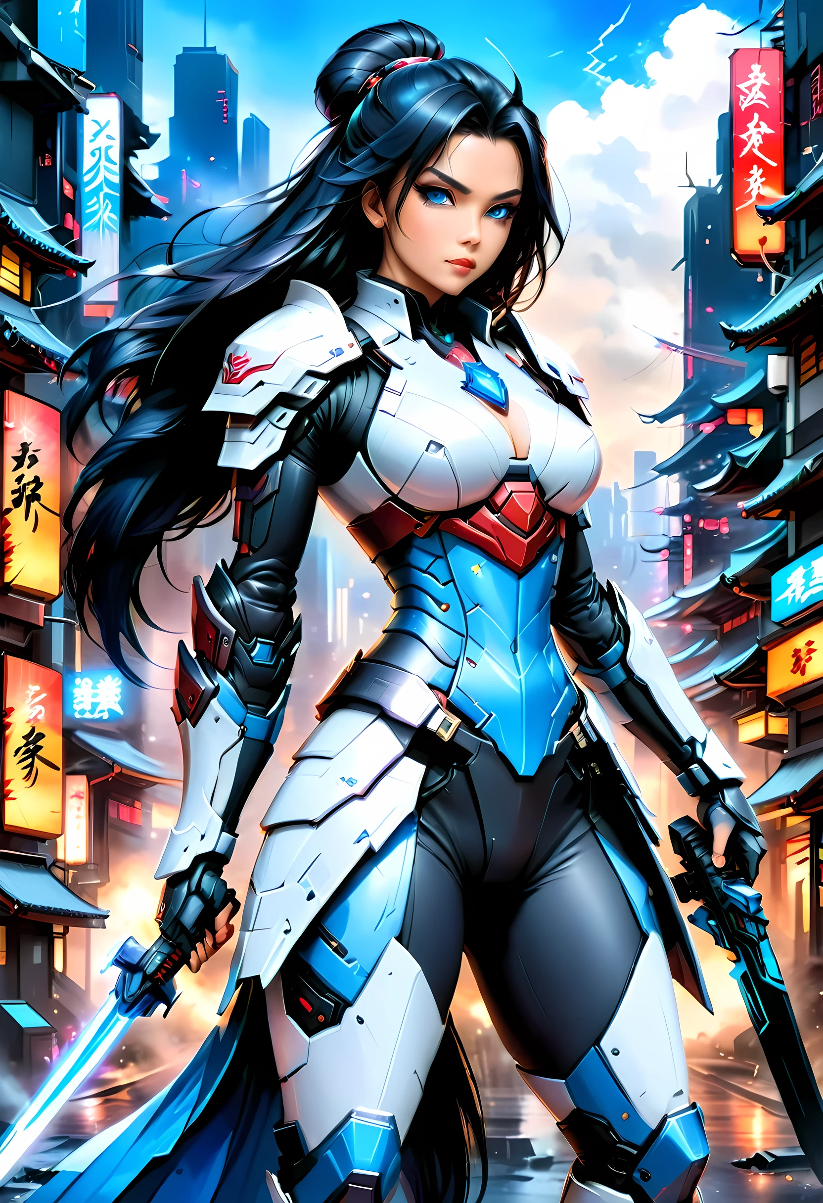 Japanese water color art picture of a mecha samurai woman in cyberpunk city, a mecha samurai woman, exquisite beautiful woman, (fully clothed: 1.3), black hair, long hair, (blue eyes: 1.3), she stands ready to battle, wearing (white mecha armor: 1.3), high heeled boots, she is armed with a Japanese sword, Japanese Cyberpunk city at night, background, (Masterpiece: 1.5), 16k, highres, best quality, high details, ultra detailed, masterpiece, best quality, (extremely detailed), arafed, mecha, female swordman