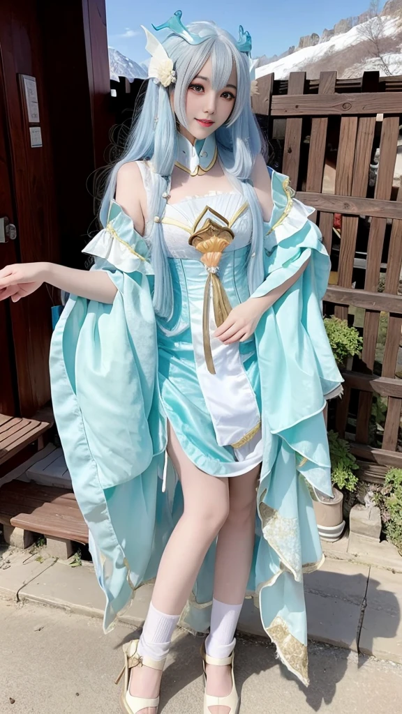 Blue Hair,Period costume,Royal Sister,Ancient Wind,Full body photo,Very very very detailed face,Exterior,Light of the sun,Baiyun,Snow Mountain