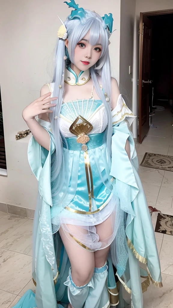 Blue Hair,Period costume,Royal Sister,Ancient Wind,Full body photo,Very very very detailed face,Exterior,Light of the sun,Baiyun,Snow Mountain