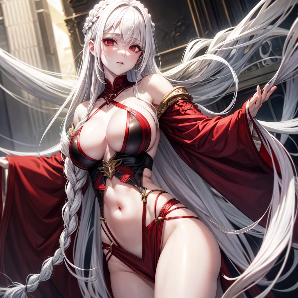 White hair, red eye, pale skin, braided hair, large breasts, scantily clad, girl