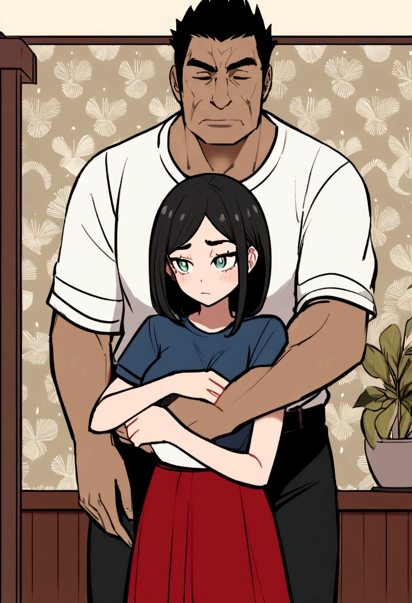Draw a half-brunette girl with loose black hair, con ojos cafes , red skirt and white shirt hugging her black-haired dad,formido ni muy flaco pero tampoco tan gordo ,piel morena ,navy blue t-shirt and black pants