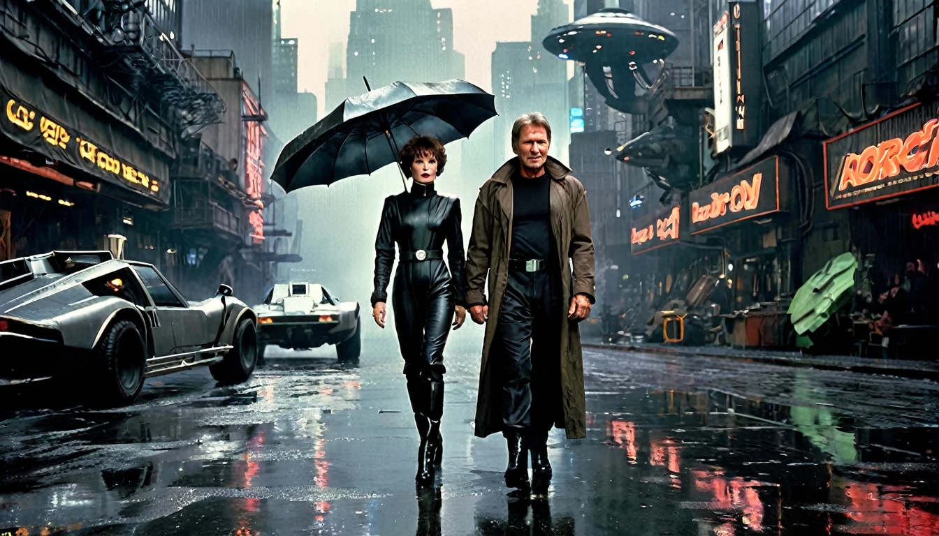 "Harrison Ford's character from Blade Runner, a tough detective with a trench coat and futuristic black clothing, walks next to Sigourney Weaver's character from Alien, a strong and determined woman, semi-long hair, wearing a space jumpsuit. They are set against the backdrop of a dark, futuristic cyberpunk cityscape, with flying futuristic cars, towering skyscrapers, and a rainy, gloomy atmosphere. futuristic image highly detailed image, sharp focus, studio photography, xf iq 4, 1 5 0 0 0 0 mp, 5 0 mm, iso 2 0 0, 1/1 6 0 s, realistic, natural light, octane rendering, adobe lightroom, thirds resolution, symmetrical balance, depth layers, polarizing filter, ..., hd, color optics, ..., hd, opaque color, masterpiece