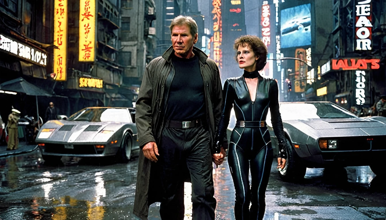 "Harrison Ford's character from Blade Runner, a tough detective with a trench coat and futuristic black clothing, walks next to Sigourney Weaver's character from Alien, a strong and determined woman, semi-long hair, wearing a space jumpsuit. They are set against the backdrop of a dark, futuristic cyberpunk cityscape, with flying futuristic cars, towering skyscrapers, and a rainy, gloomy atmosphere. futuristic image highly detailed image, sharp focus, studio photography, xf iq 4, 1 5 0 0 0 0 mp, 5 0 mm, iso 2 0 0, 1/1 6 0 s, realistic, natural light, octane rendering, adobe lightroom, thirds resolution, symmetrical balance, depth layers, polarizing filter, ..., hd, color optics, ..., hd, opaque color, masterpiece