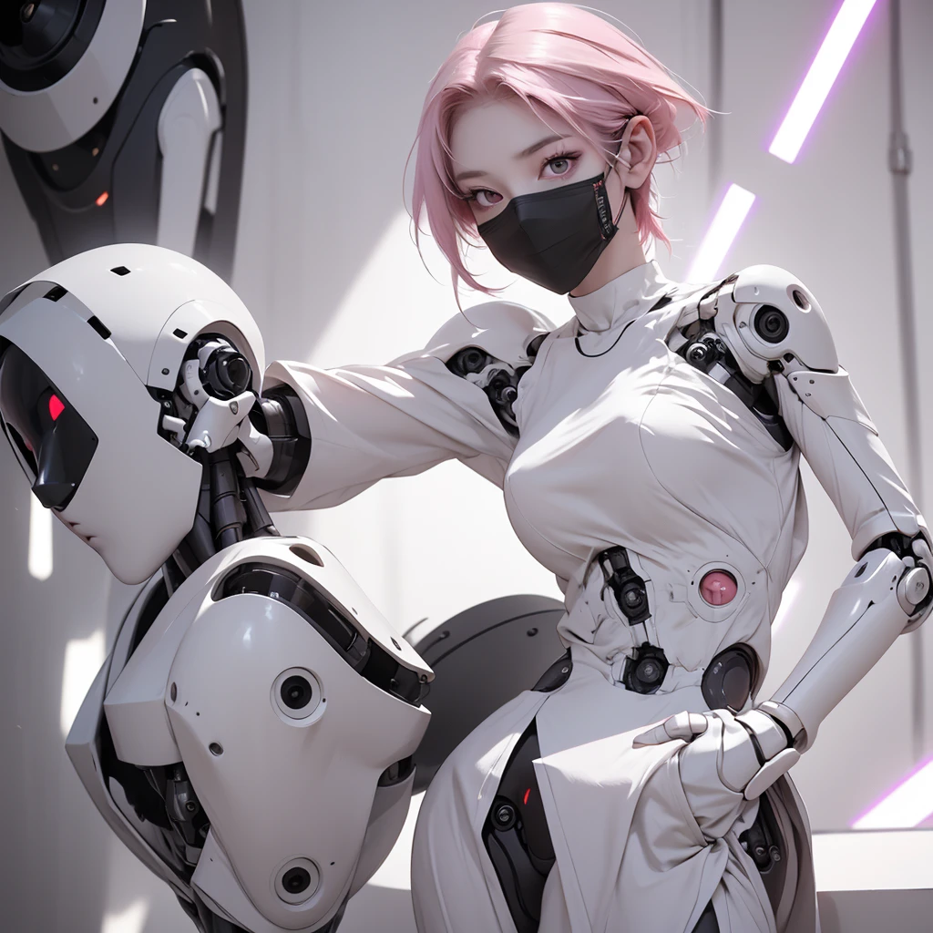 a girl with a full white robotic body, featuring sleek and high-tech components. She has short pink hair, purple eyes, and an angry expression. She wears a robot mask that partially covers her face, blending seamlessly with her polished mechanical limbs and torso. The subtle lights and mechanical joints of her body enhance the contrast between her human-like features and her robotic form.